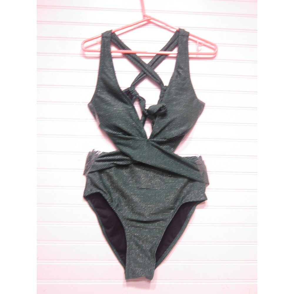Cupshe One Piece Green/Silver Shimmery Plunge Neck Bathing Suit Size M NWT